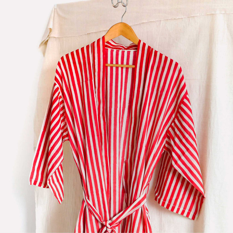 Red & Beige Striped Cotton Bath Robe • Cloth House