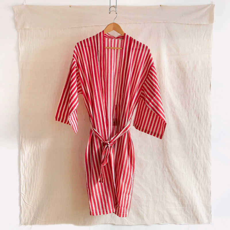 Red Striped Robe Red & Beige Striped Cotton Bath Robe • Cloth House