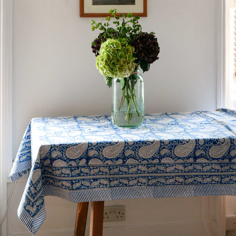 Block Print Tablecloth - Blue Paisley