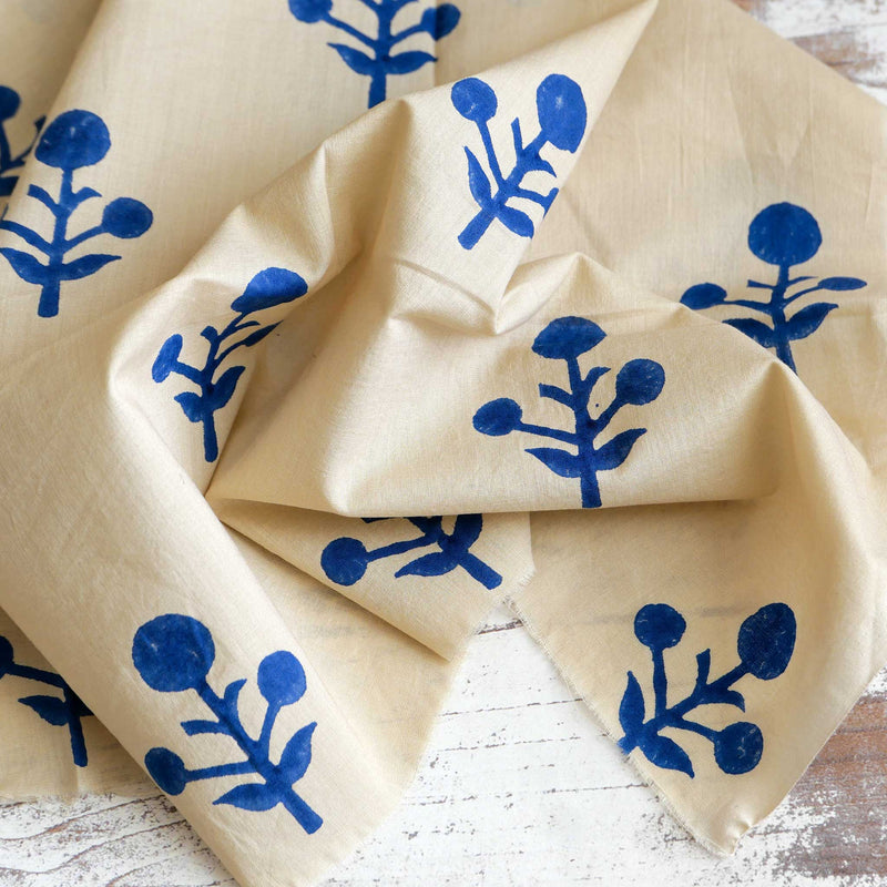 Pure 100% Indian Hand Block Printed Cotton Fabric, Blue Floral, 44" Wide X 5 Yards