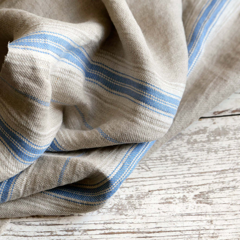 Natural & Blue Stripe Linen Fabric | Cloth House • Cloth House