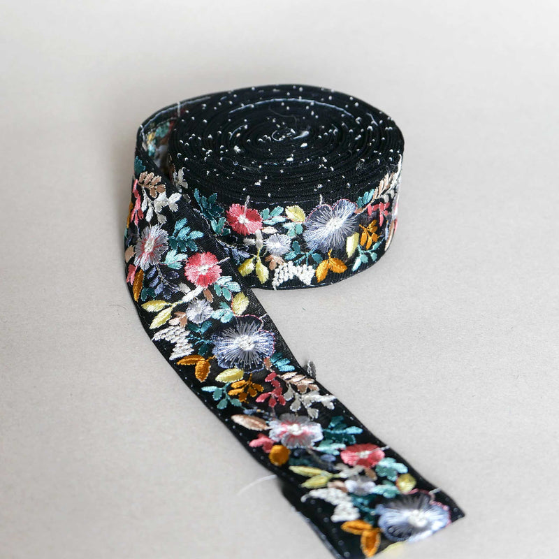 11 Yard Blue/Black Floral Embroidered Ribbon - 1.37 Inch Wide Vintage Jacquard Trim