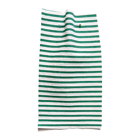 White fabric with a woven green stripe.