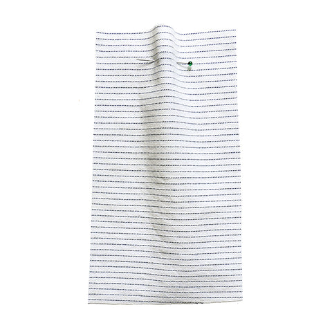 White fabric with a small, stitched, blue stripe.