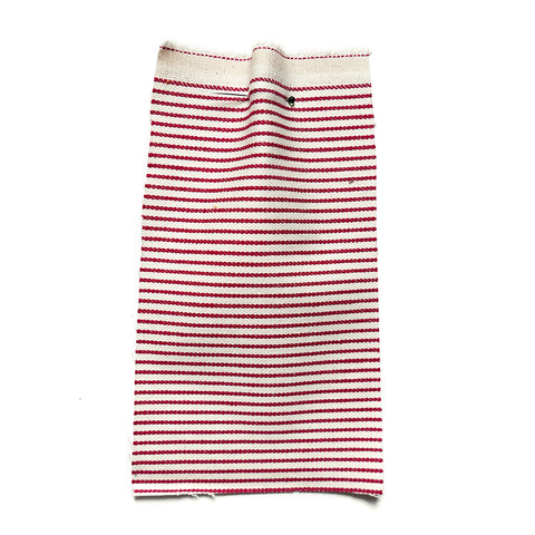 Cream denim fabric with red stripes.