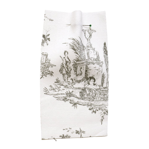 White cotton canvas printed with a grey farm scene pattern. 