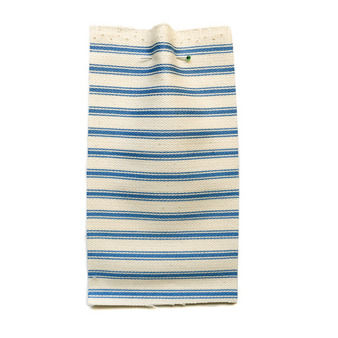 Cream herringbone fabric with a light blue ticking stripe.